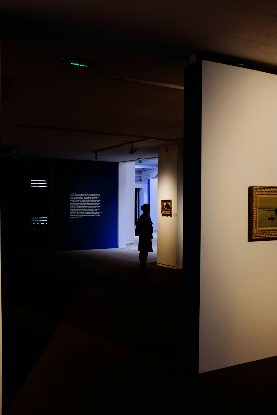 A visitor observes a framed painting in an art gallery.